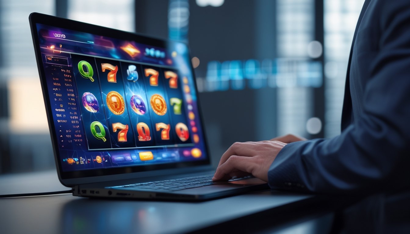 Seorang profesional sedang menggunakan komputer dengan permainan slot online berwarna-warni di layar dalam suasana kantor modern.