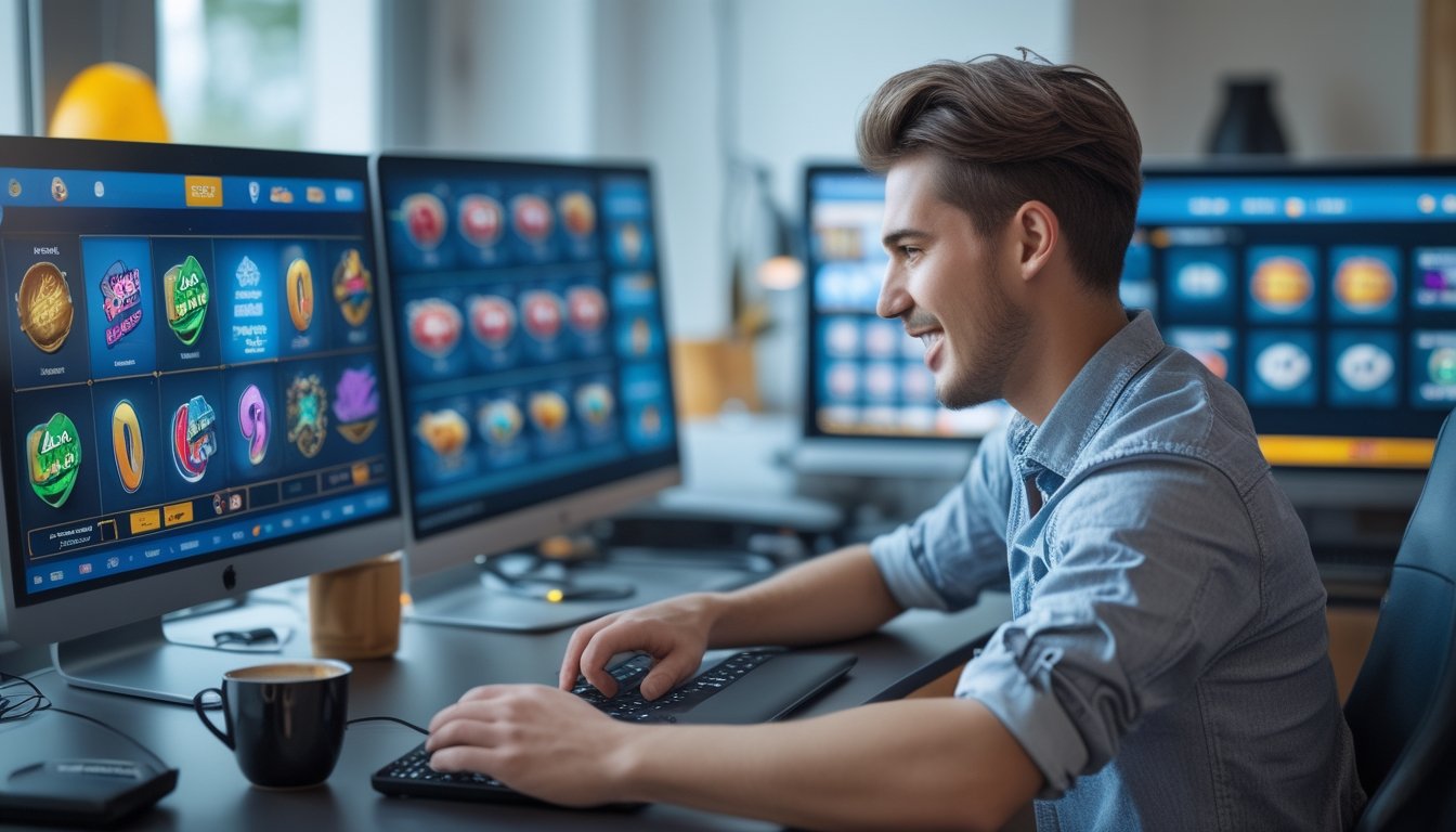 Seorang pemain muda sedang fokus bermain permainan slot online di komputer dengan beberapa layar menampilkan berbagai permainan slot di ruang kerja yang rapi dan terang.