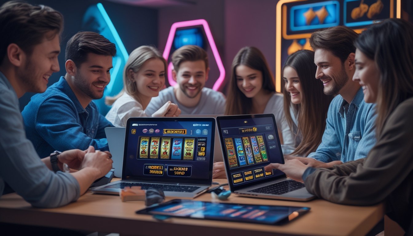 Beberapa orang muda menggunakan perangkat digital untuk bermain slot online dalam ruangan yang nyaman dan terang.
