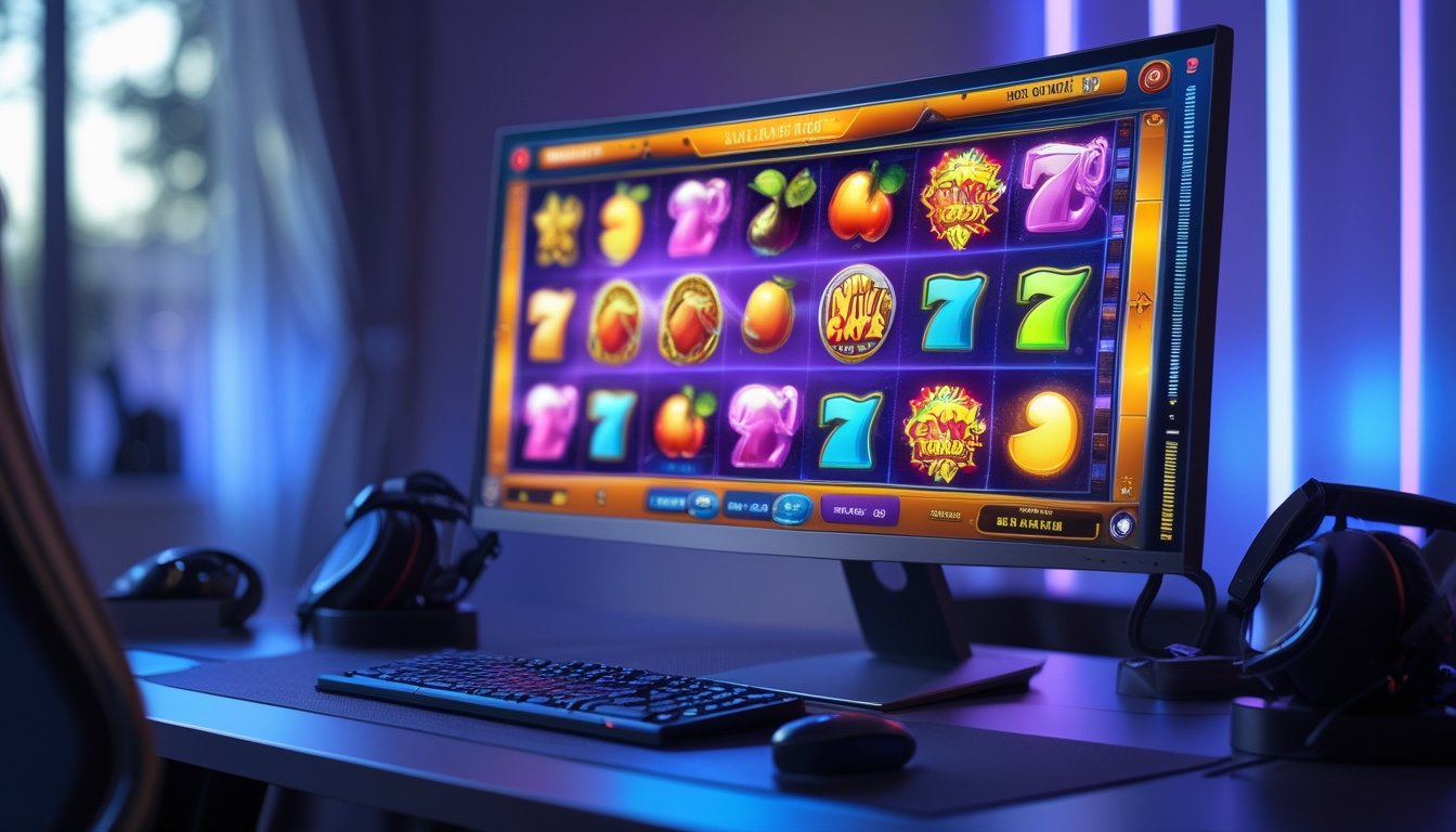Meja komputer modern dengan monitor menampilkan permainan slot online berwarna-warni dan aksesoris gaming di ruangan dengan pencahayaan neon biru dan ungu.