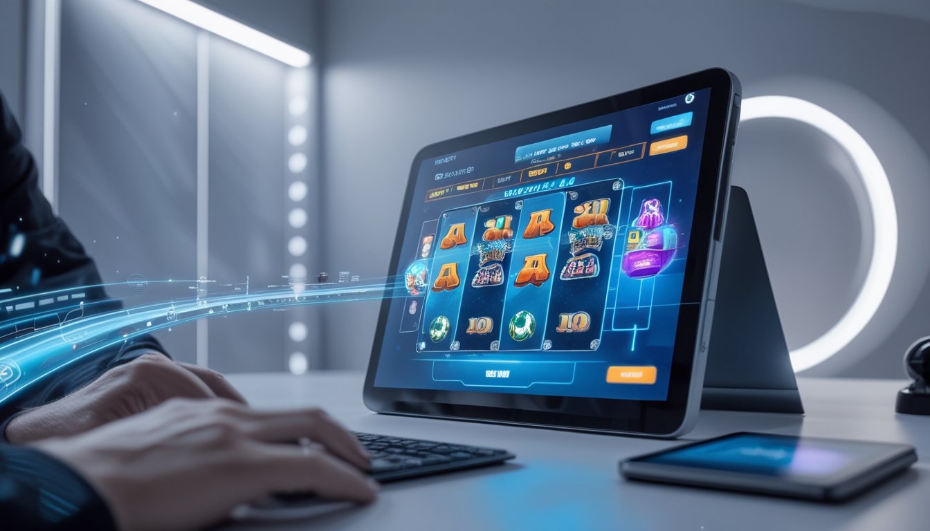 Layar perangkat digital menampilkan berbagai ikon permainan slot online yang berwarna-warni dengan elemen teknologi futuristik di sekitarnya.
