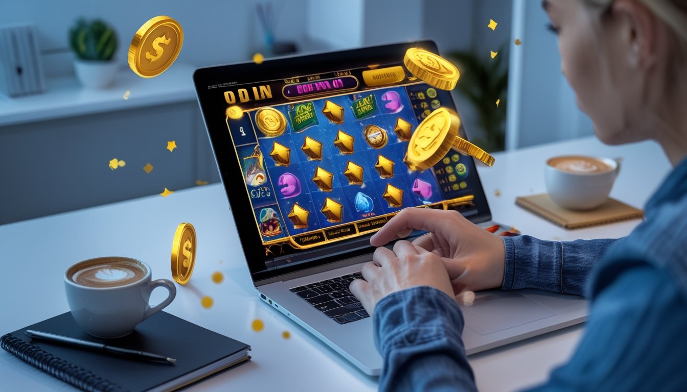 Seseorang menggunakan laptop di meja kerja dengan tampilan permainan slot online yang penuh warna dan simbol bonus di layar.