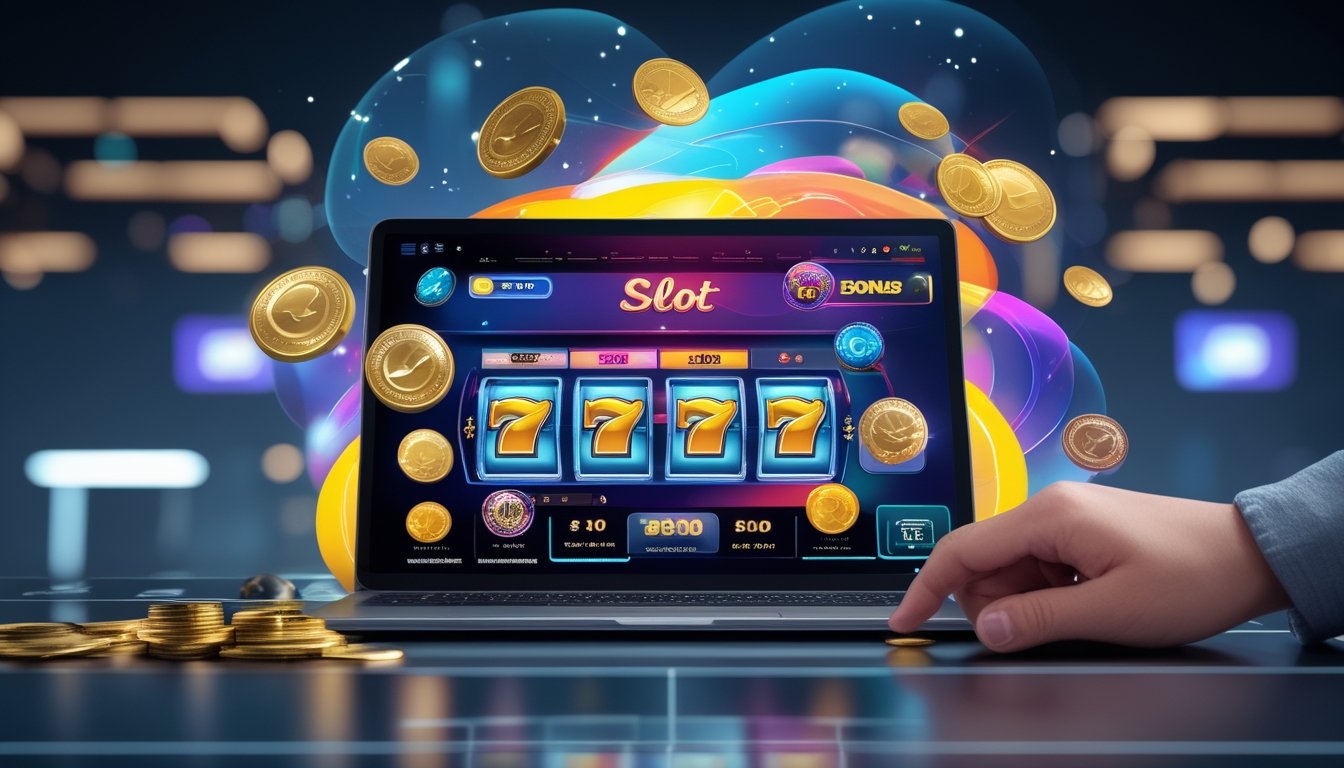 Seorang pengguna berinteraksi dengan layar komputer yang menampilkan permainan slot online dengan ikon bonus, di lingkungan yang modern dan berteknologi tinggi.