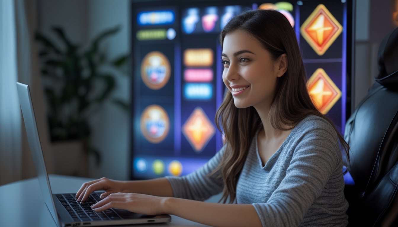Seorang wanita muda duduk di meja sambil bermain game slot online di laptop dengan ekspresi senang dan fokus.