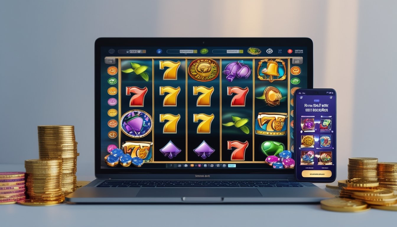 Sebuah meja dengan komputer menampilkan permainan slot online berwarna-warni, dikelilingi oleh tumpukan chip poker dan koin emas.
