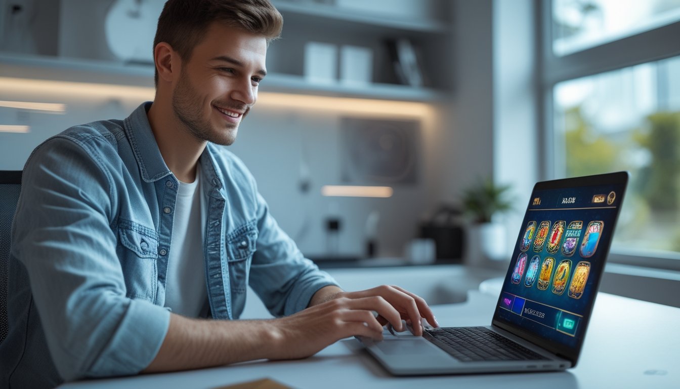 Seorang dewasa muda duduk di depan laptop dengan tampilan permainan slot online di layar, di ruang kerja modern yang terang dan rapi.