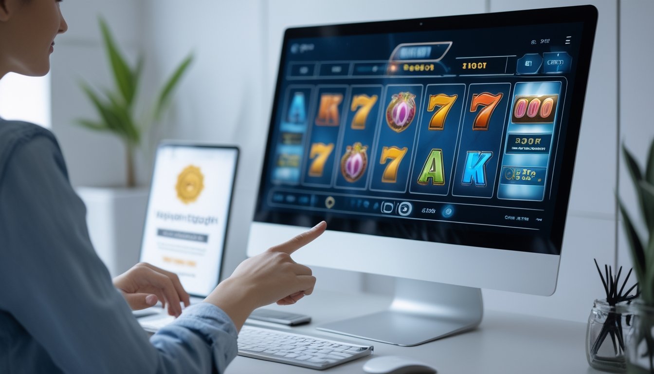 Seseorang sedang menggunakan komputer dengan tampilan permainan slot online di layar dalam suasana kerja yang rapi dan profesional.