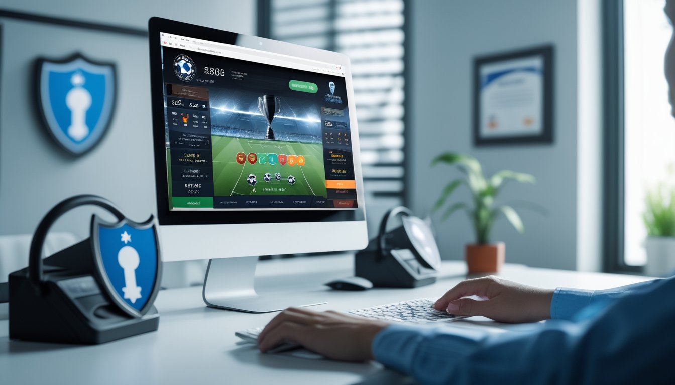 Meja kerja modern dengan layar komputer yang menampilkan antarmuka taruhan bola online, dengan tangan seseorang yang sedang menggunakan mouse dan keyboard.