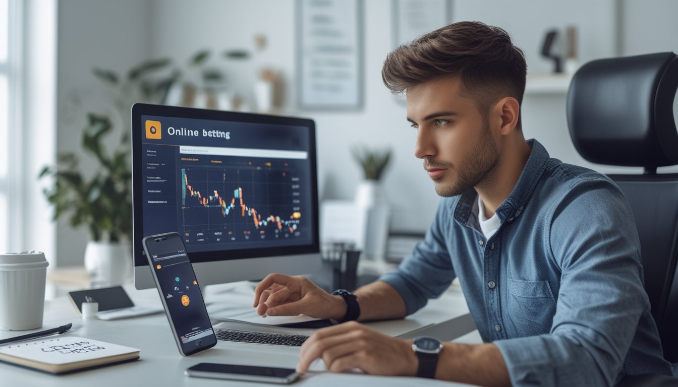 Seorang pria muda duduk di meja kerja dengan laptop, fokus menganalisis data taruhan online di ruang kerja yang rapi.