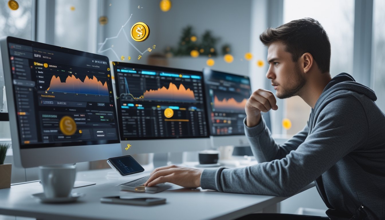 Seorang pria muda duduk di meja dengan beberapa layar komputer yang menampilkan antarmuka taruhan olahraga online dan grafik, sedang menganalisis data dengan serius.