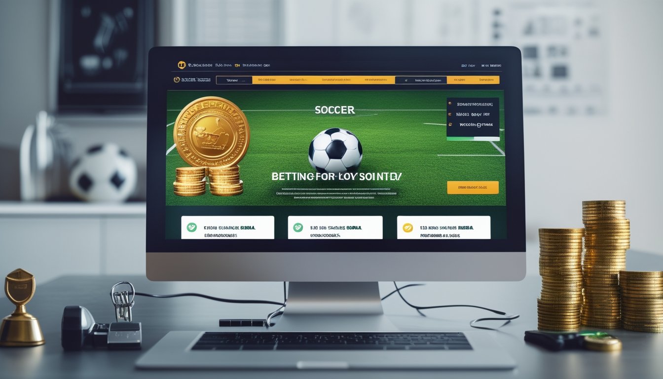 Seseorang menggunakan komputer di meja kerja dengan layar menampilkan situs taruhan bola online, dikelilingi oleh simbol kepercayaan dan bonus serta perlengkapan sepak bola di sekitar meja.