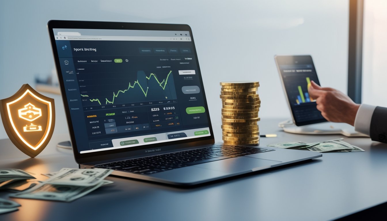 Seseorang sedang menggunakan laptop dan tablet di meja kerja dengan tampilan situs taruhan bola online yang menampilkan grafik dan penawaran bonus.