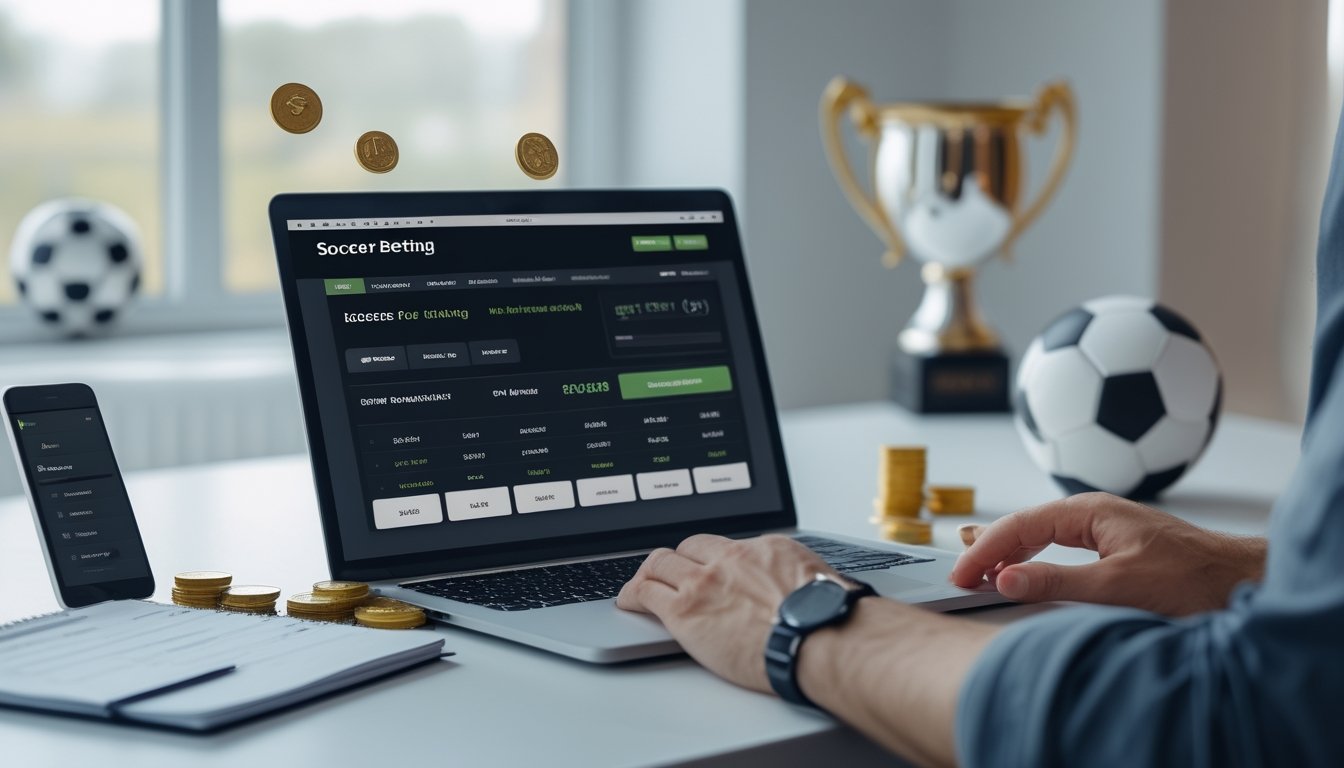 Meja kerja dengan laptop yang menampilkan situs taruhan sepak bola online, ponsel dengan aplikasi taruhan, koin digital, dan bola sepak di latar belakang.
