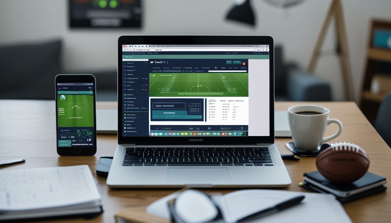 Seseorang sedang menggunakan laptop dengan situs taruhan bola online di meja kerja yang rapi, dikelilingi oleh smartphone, cangkir kopi, dan alat tulis.
