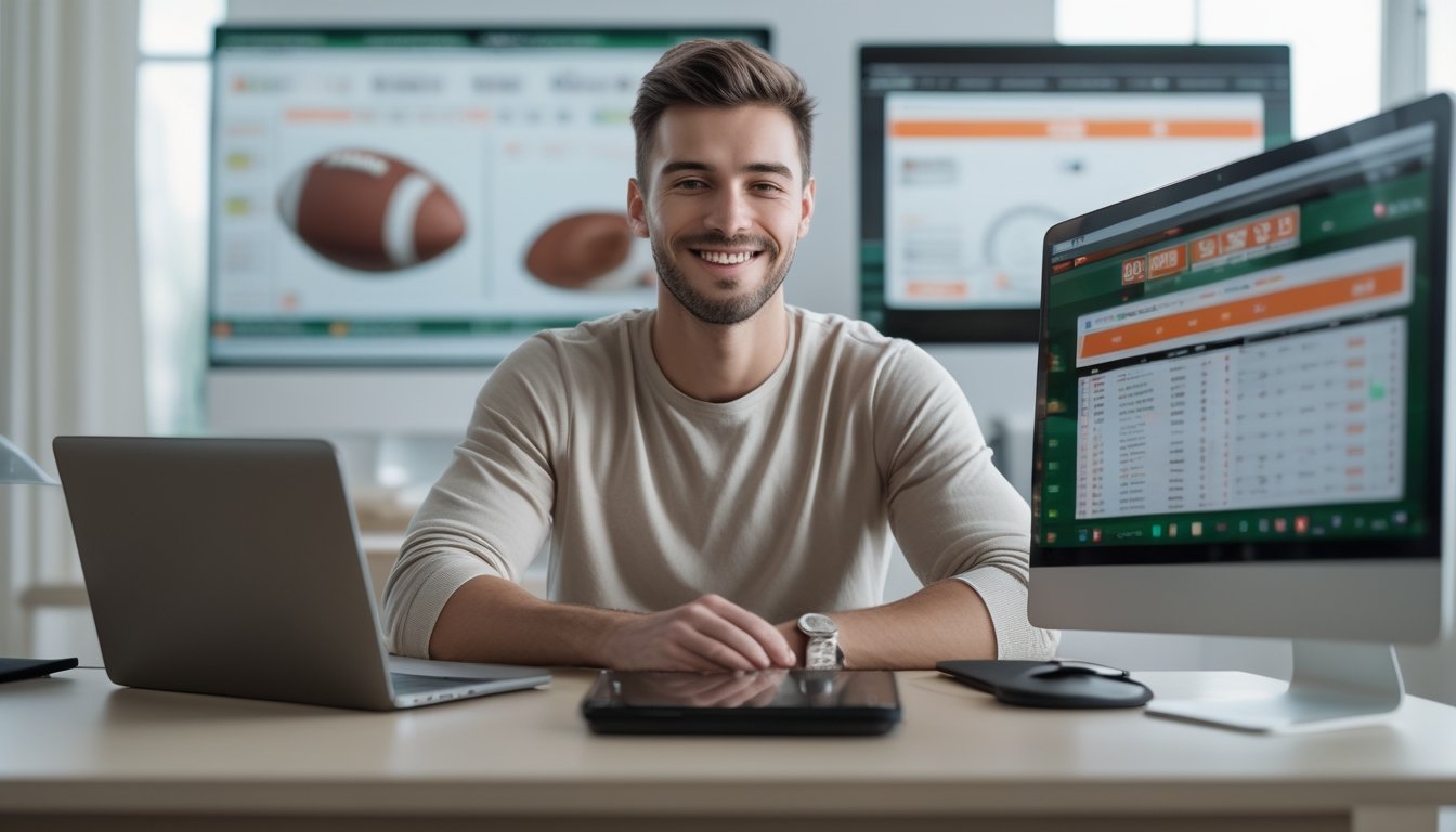 Seorang pria muda duduk di meja dengan laptop dan ponsel yang menampilkan situs taruhan olahraga online, terlihat santai dan percaya diri.