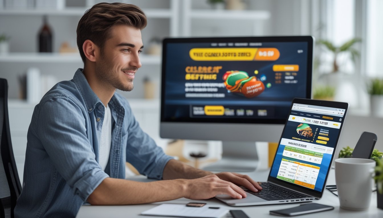 Seorang pria muda duduk di meja dengan laptop, fokus pada layar yang menampilkan situs taruhan bola online, suasana ruangan terang dan rapi.