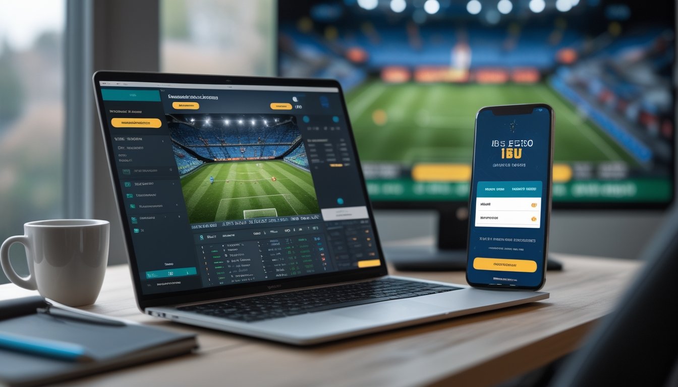 Seorang pria di meja kerja dengan laptop dan ponsel yang menampilkan aplikasi taruhan sepak bola online, dengan latar belakang monitor yang menunjukkan pertandingan sepak bola.
