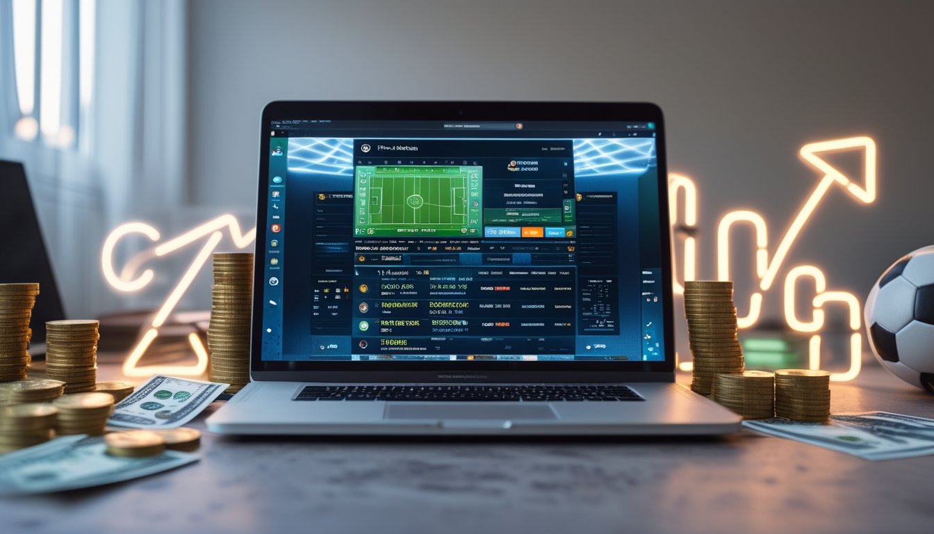 Seorang pengguna sedang melihat situs taruhan bola online di laptop dengan simbol bonus dan koin di sekitar perangkat.