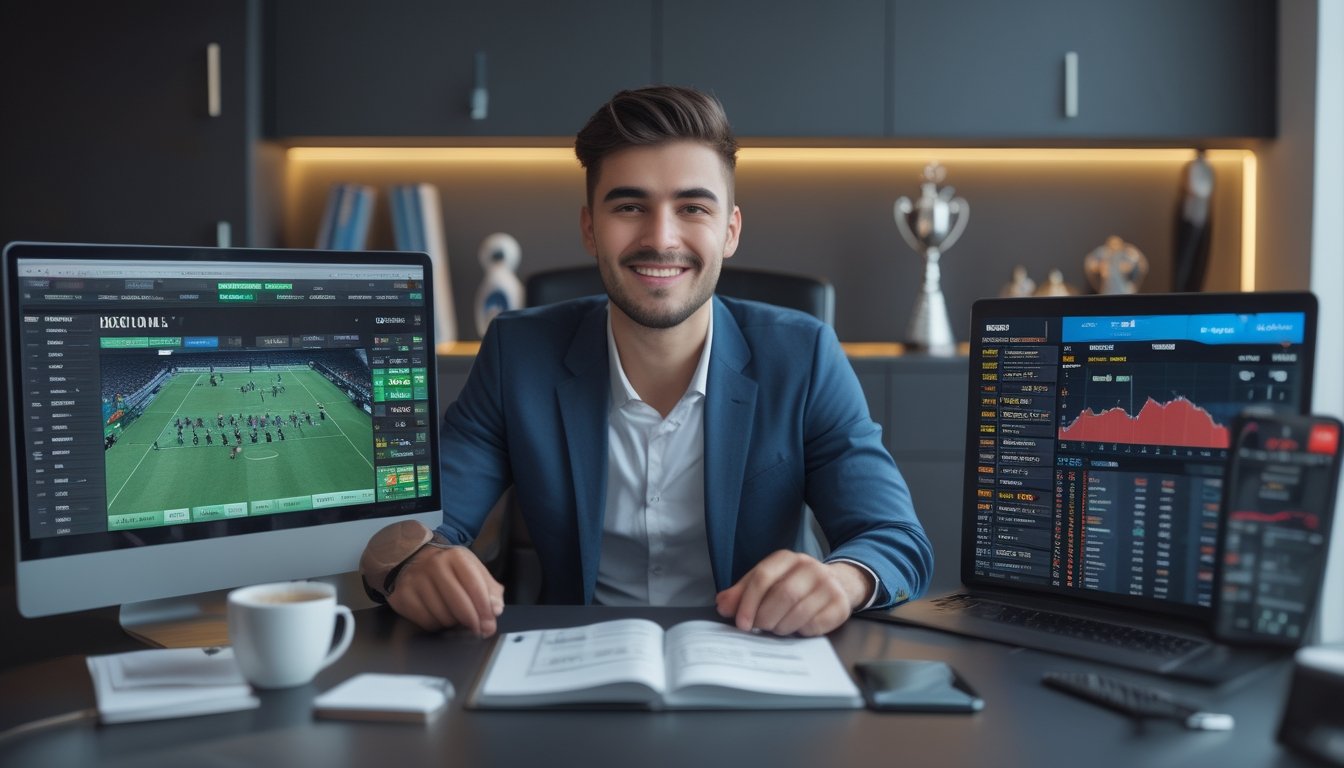 Seorang pria muda duduk di meja dengan beberapa perangkat digital yang menampilkan platform taruhan bola online, terlihat fokus dan percaya diri.