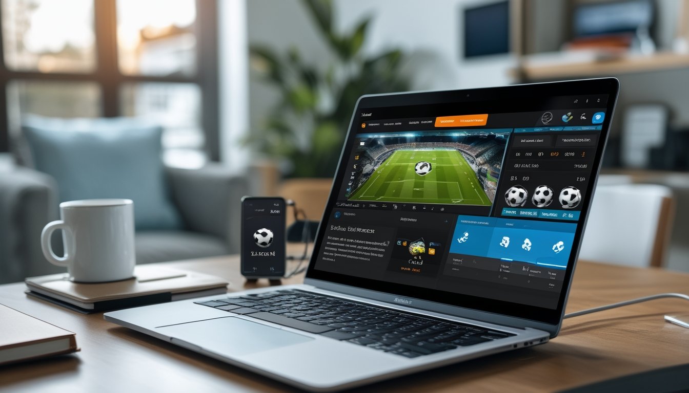 Seseorang menggunakan laptop dan ponsel untuk memasang taruhan sepak bola online di ruang kerja yang nyaman.