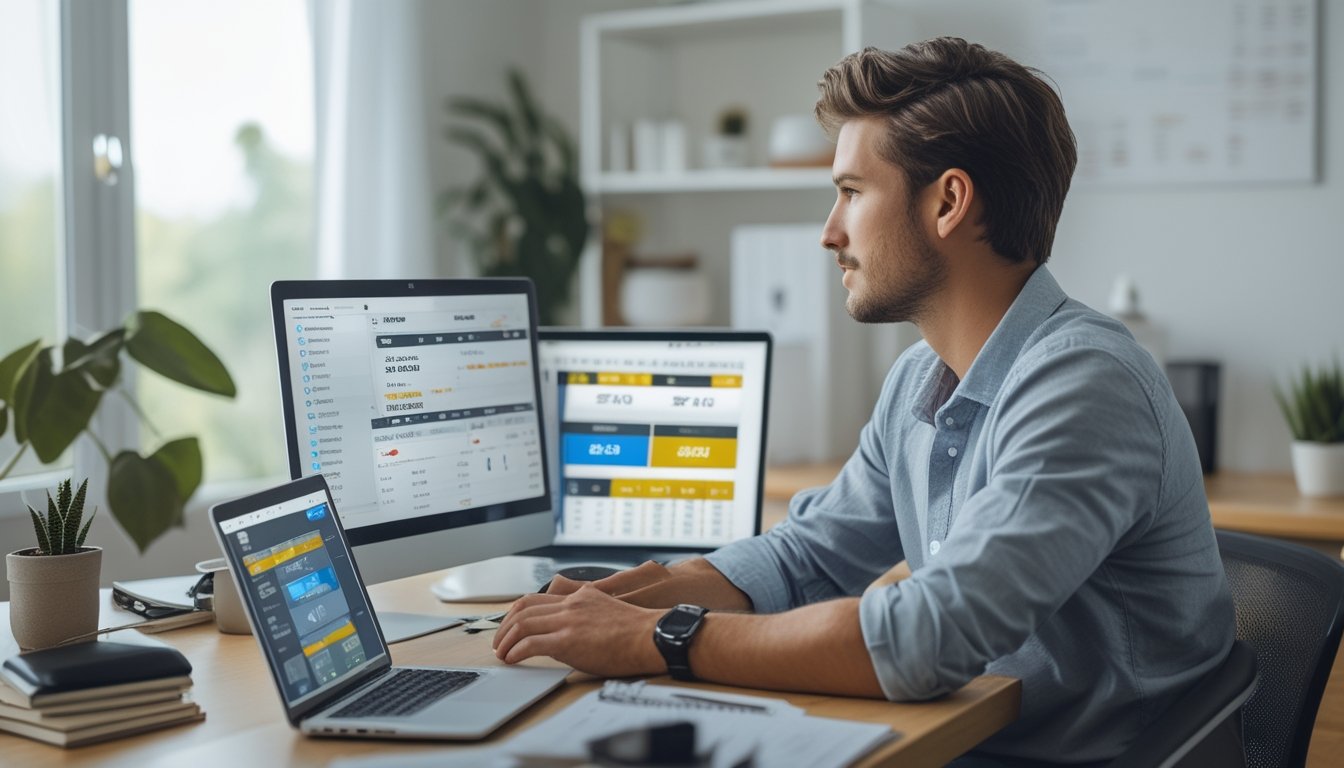 Seorang pria muda duduk di meja kerja dengan laptop dan ponsel yang menampilkan tampilan taruhan olahraga online, terlihat fokus dan mempertimbangkan pilihan.