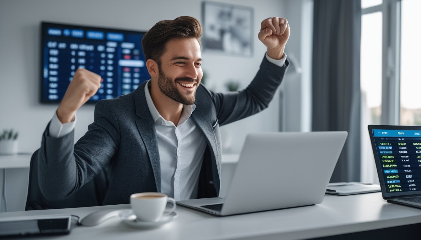 Seorang pria tersenyum bahagia duduk di depan laptop di ruang kerja modern dengan layar tambahan yang menampilkan skor olahraga.