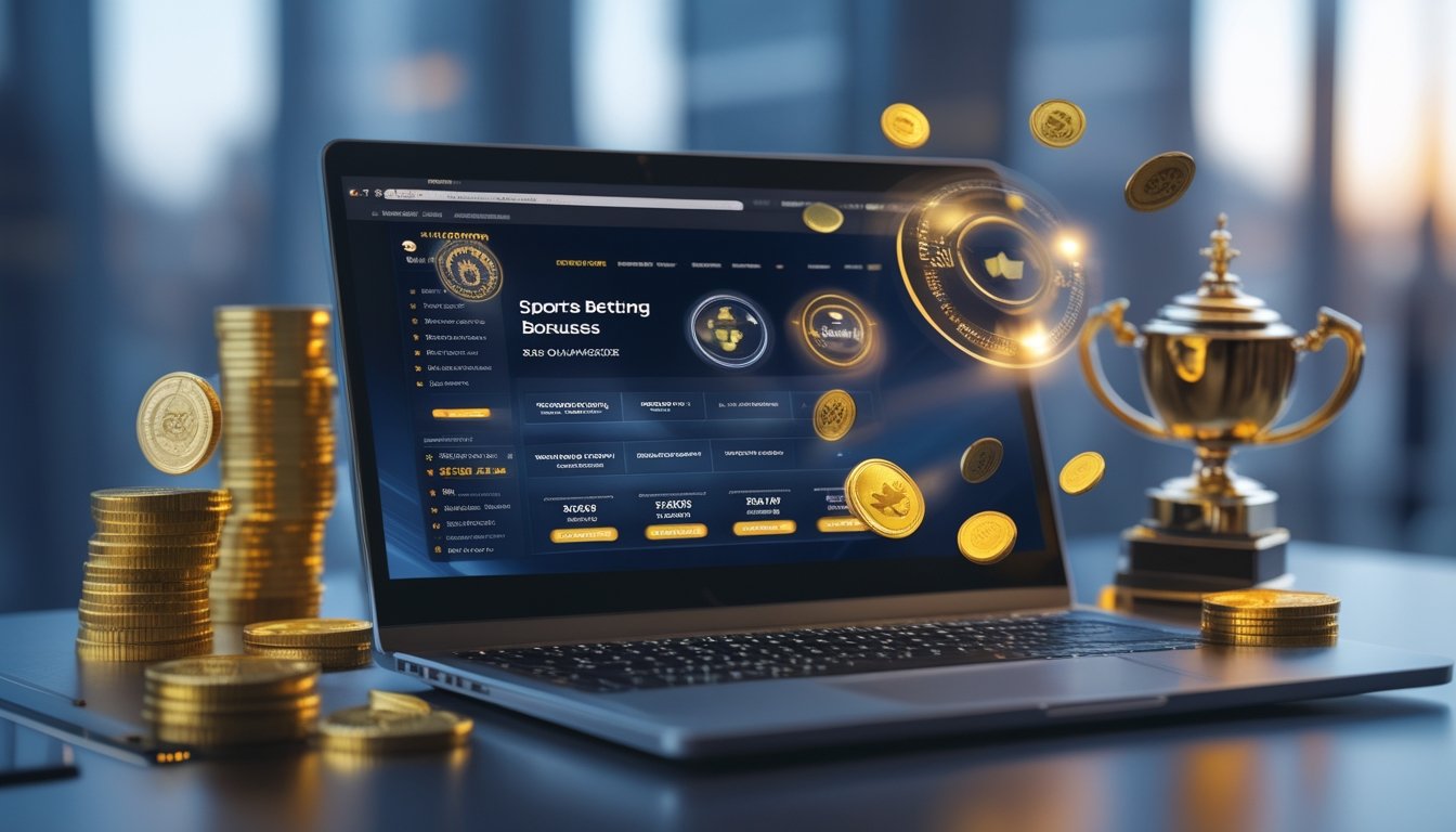 Sebuah laptop di meja kerja menampilkan antarmuka platform taruhan olahraga online dengan ikon koin emas, mesin slot jackpot, dan trofi digital di sekitarnya.