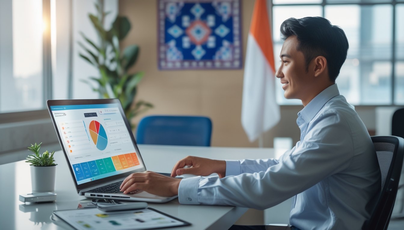 Seorang pria muda di kantor modern sedang menggunakan laptop dengan tampilan data lotere online, dikelilingi elemen budaya Indonesia.
