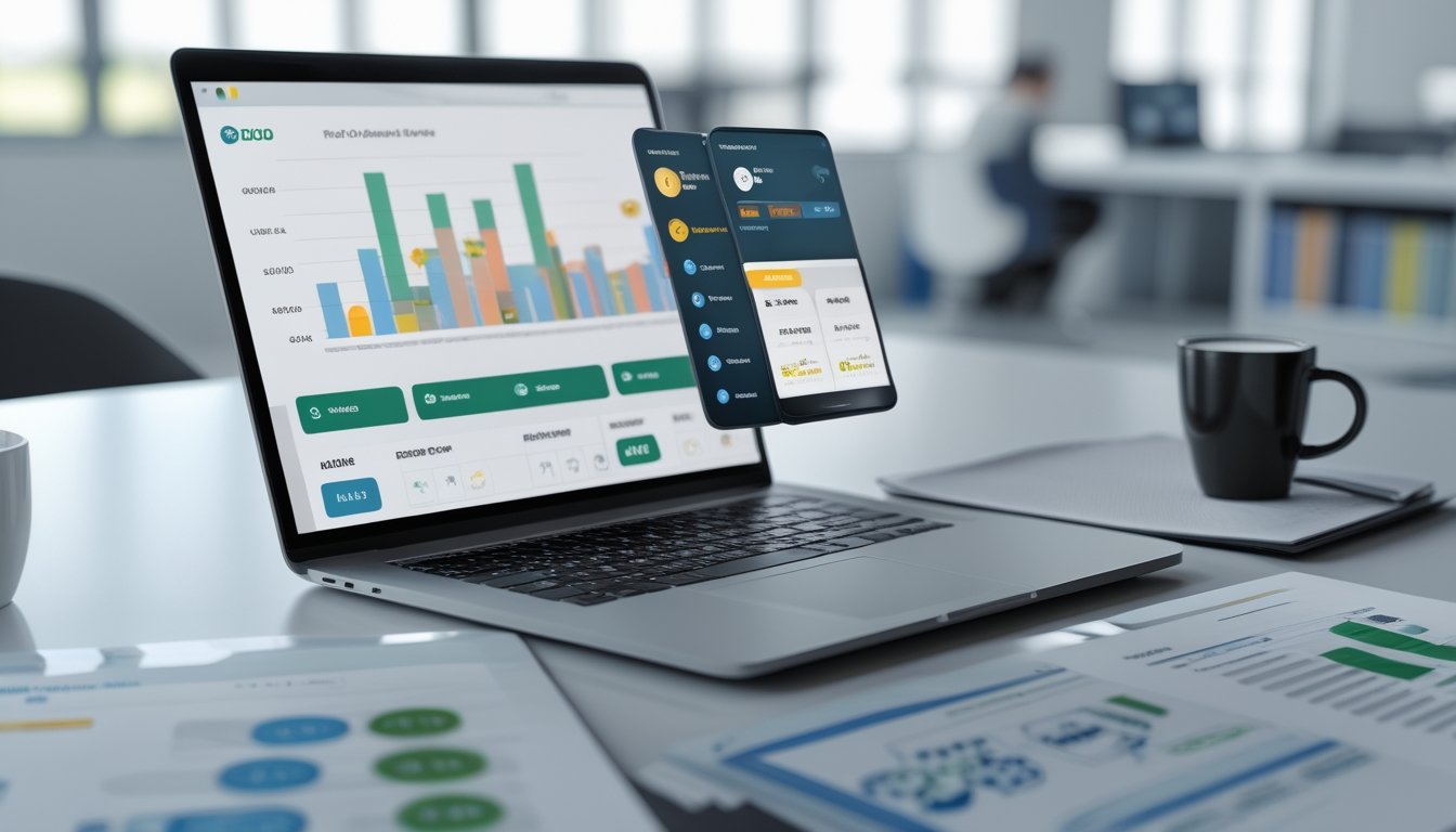 Sebuah ruang kerja modern dengan laptop dan ponsel yang menampilkan aktivitas togel online, di meja terdapat kopi dan dokumen, dengan latar belakang kantor yang terang dan bersih.