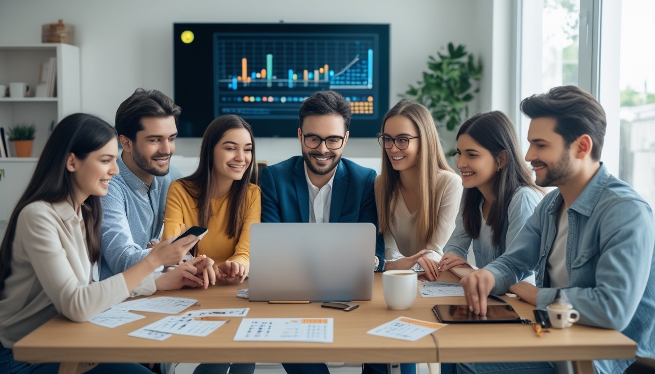 Sekelompok orang muda sedang menggunakan laptop dan ponsel di ruang tamu yang terang, dengan tiket togel dan catatan di meja, menunjukkan aktivitas bermain togel online dengan fokus dan percaya diri.