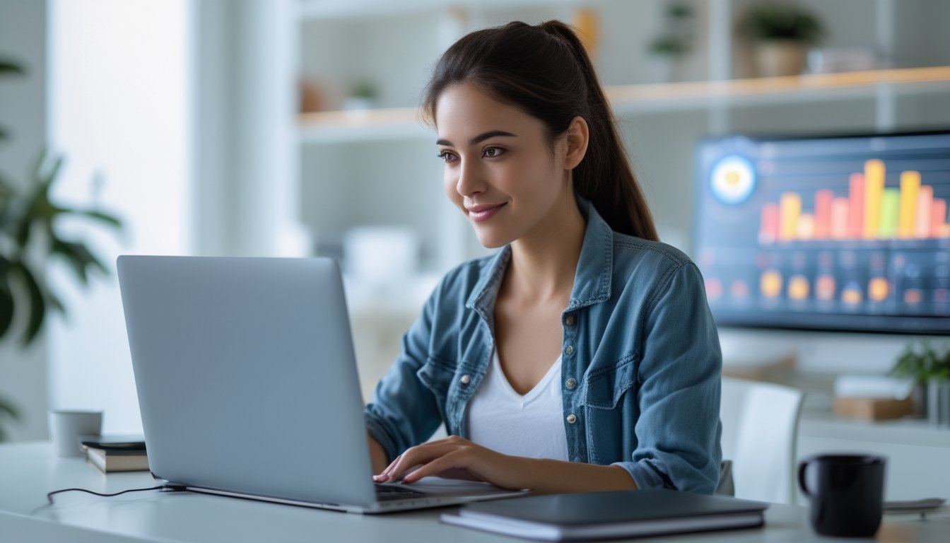Seorang wanita muda duduk di meja kerja dengan laptop dan ponsel, terlihat fokus dan santai di ruang kerja rumah yang terang.