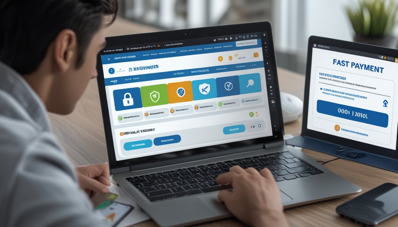 Seorang dewasa muda sedang menggunakan laptop di ruang kerja modern yang rapi dengan tampilan situs web aman dan ikon keamanan terlihat di layar.