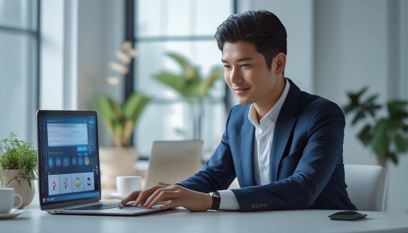 Seorang pria Asia Tenggara duduk di meja kantor modern sambil melihat layar laptop dengan ekspresi fokus.