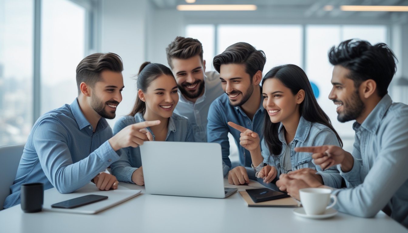 Sekelompok orang muda yang percaya diri sedang berdiskusi di sekitar laptop di kantor yang terang dan modern.