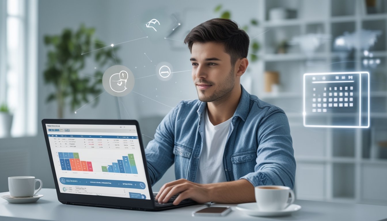 Seorang pria muda duduk di meja kerja dengan laptop, fokus melihat layar yang menampilkan grafik dan angka, di ruang kerja rumah yang terang dan rapi.