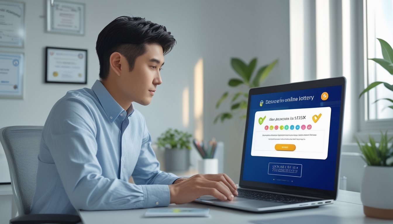 Seorang pria muda duduk di meja dengan laptop di kantor rumah yang terang, fokus pada layar yang menampilkan situs togel online yang aman.