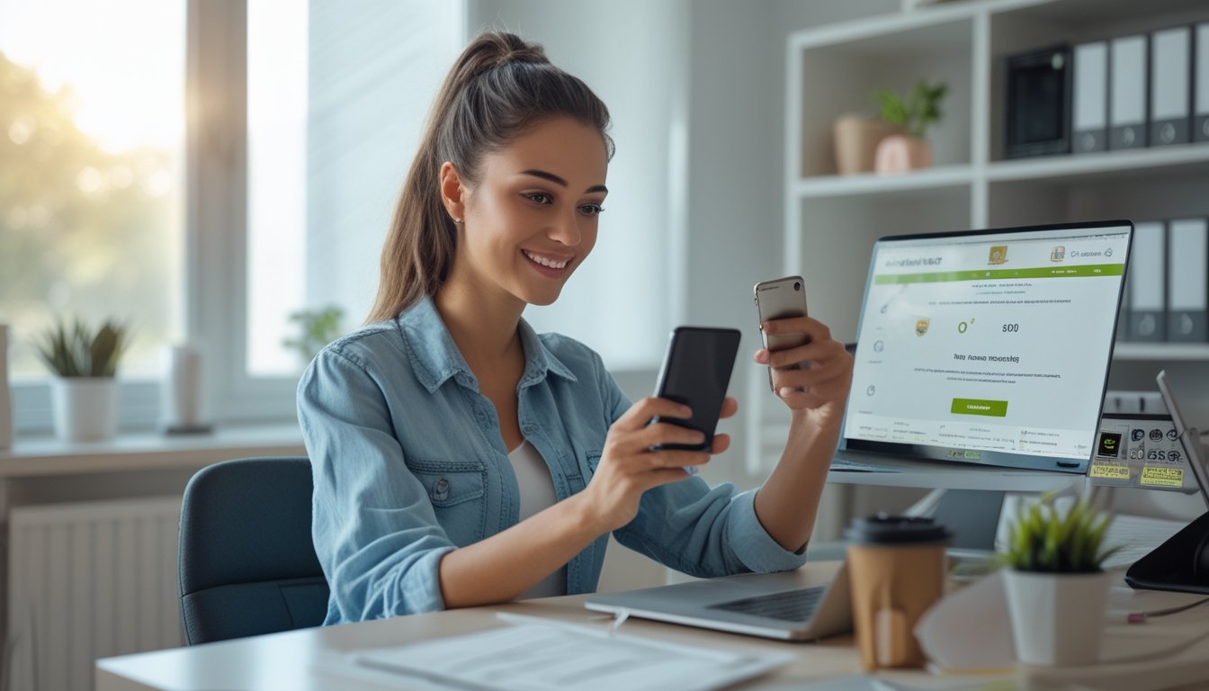Seorang wanita muda duduk di meja kerja dengan ponsel dan laptop, tersenyum sambil melakukan transaksi online di ruangan berpenataan rapi.