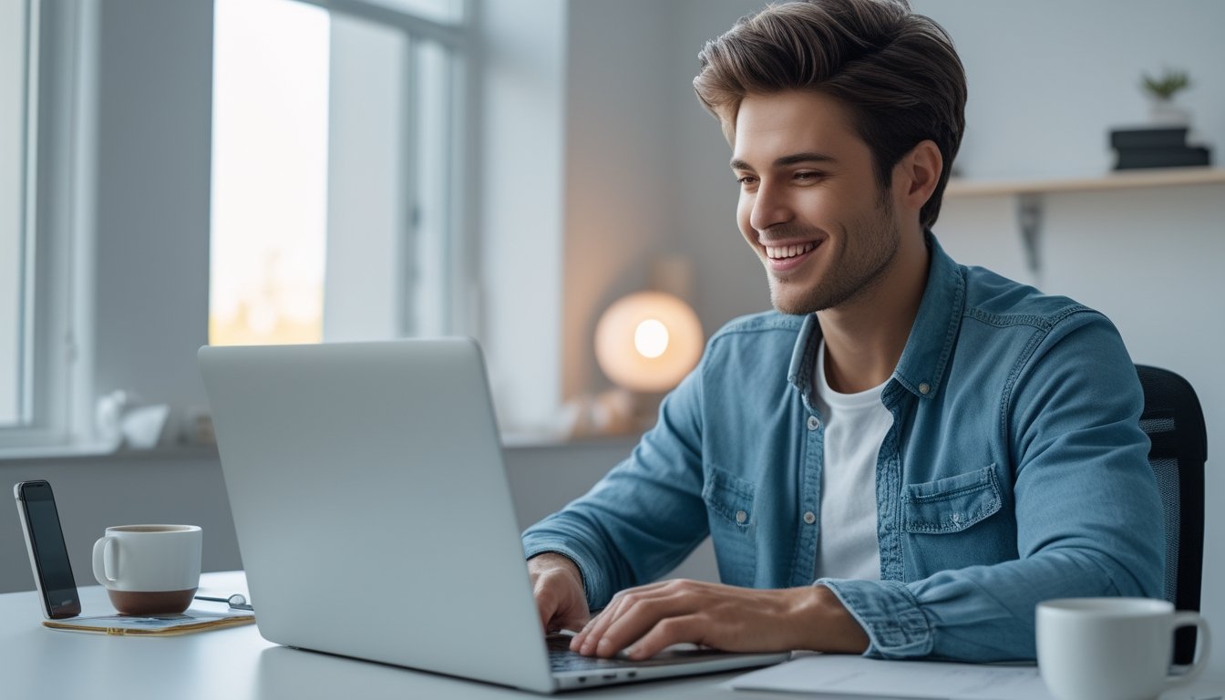 Seorang dewasa muda sedang duduk di meja dengan laptop terbuka, tersenyum dan fokus, menunjukkan proses klaim hadiah secara online di lingkungan kantor yang rapi dan terang.