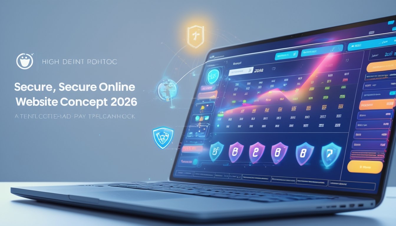 Seorang pengguna melihat layar komputer dengan antarmuka situs togel online yang menampilkan grafik warna-warni dan ikon pembayaran digital, dengan simbol keamanan di sekitar layar.