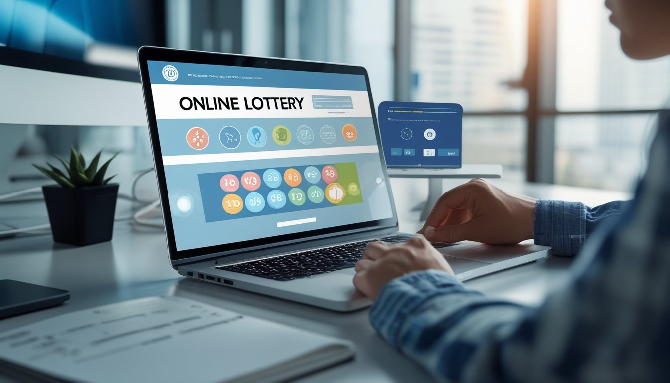 Orang menggunakan laptop dengan tampilan permainan togel online yang aman dan terpercaya di ruang kerja modern.