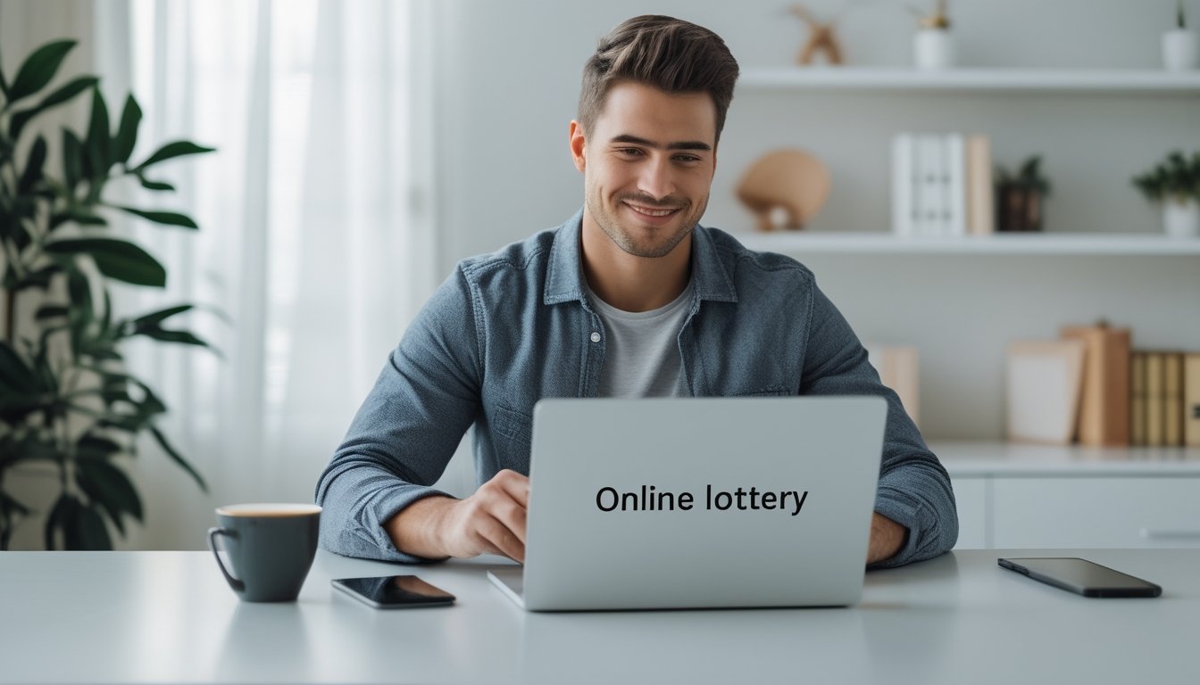 Seorang pria muda duduk di meja dengan laptop, terlihat fokus dan percaya diri saat menggunakan situs togel online, di ruangan yang terang dan rapi.