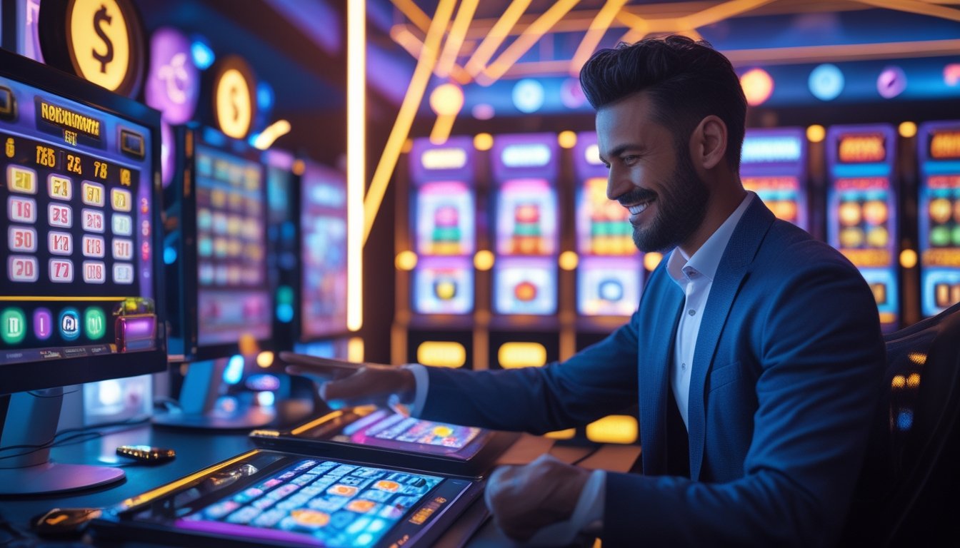 Seorang dewasa menggunakan komputer dengan layar menampilkan permainan slot dan lotere online yang berwarna-warni.