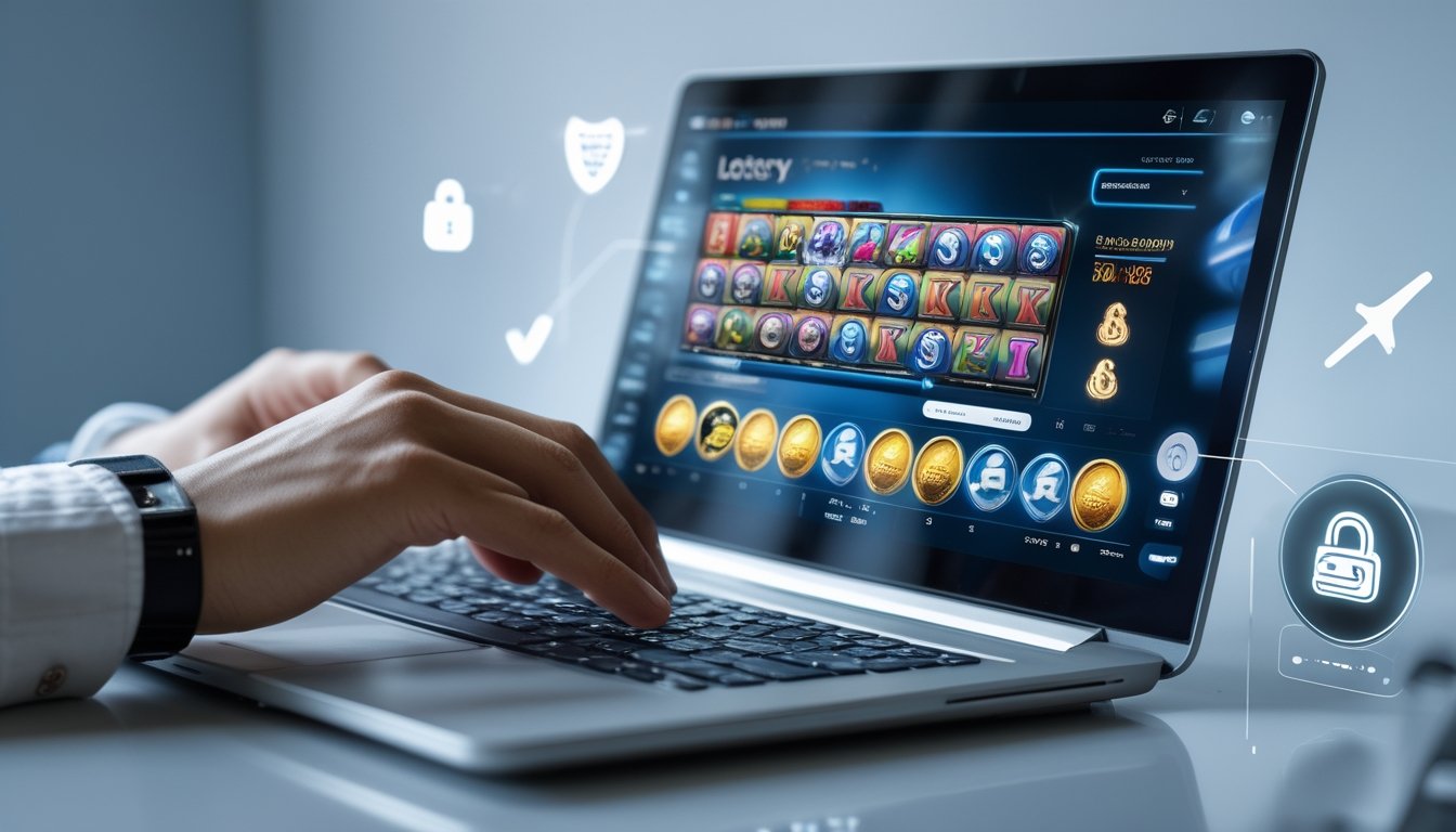 Seseorang menggunakan laptop dengan tampilan permainan togel dan slot online di layar dalam suasana kerja yang bersih dan profesional.