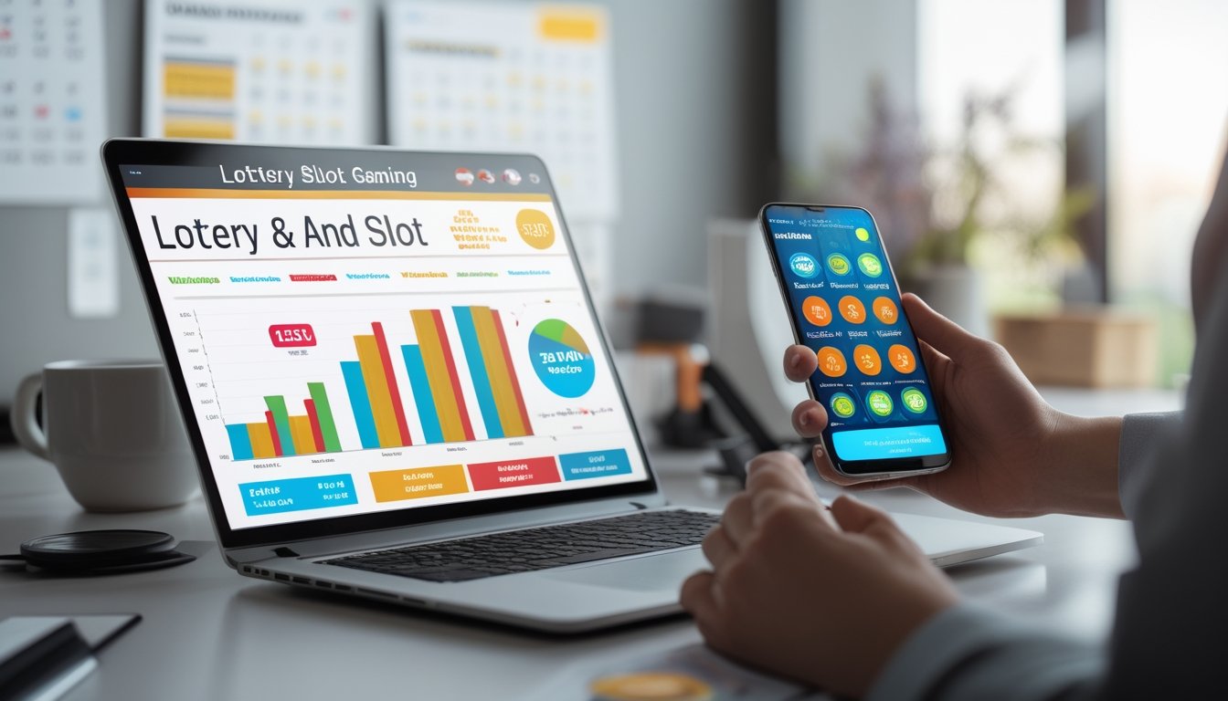Meja kerja dengan laptop dan ponsel yang menampilkan grafik dan notifikasi kemenangan permainan togel dan slot online.
