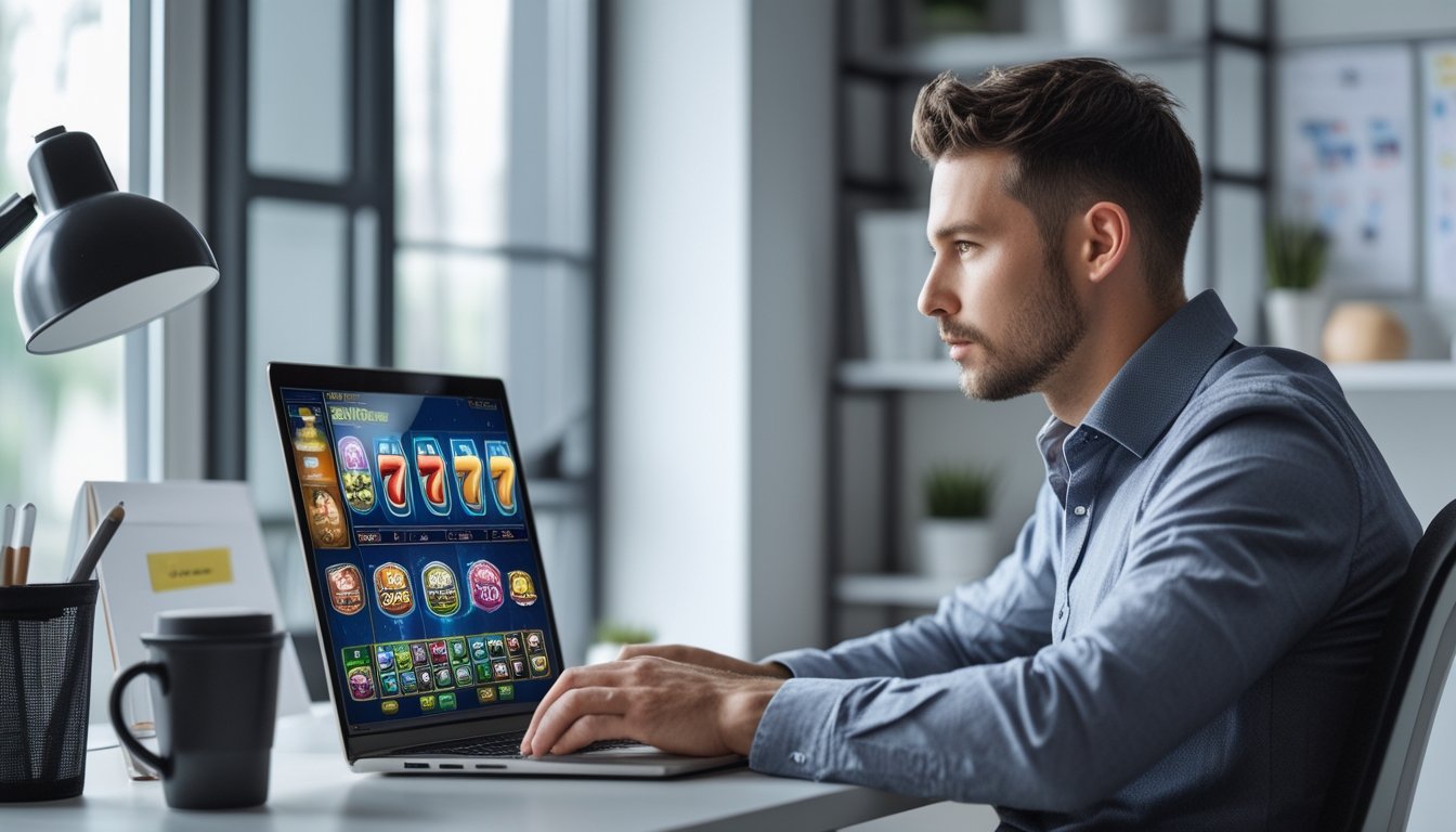 Seorang pria duduk di meja dengan laptop, fokus pada layar yang menampilkan permainan togel dan slot online di ruang kerja yang rapi.