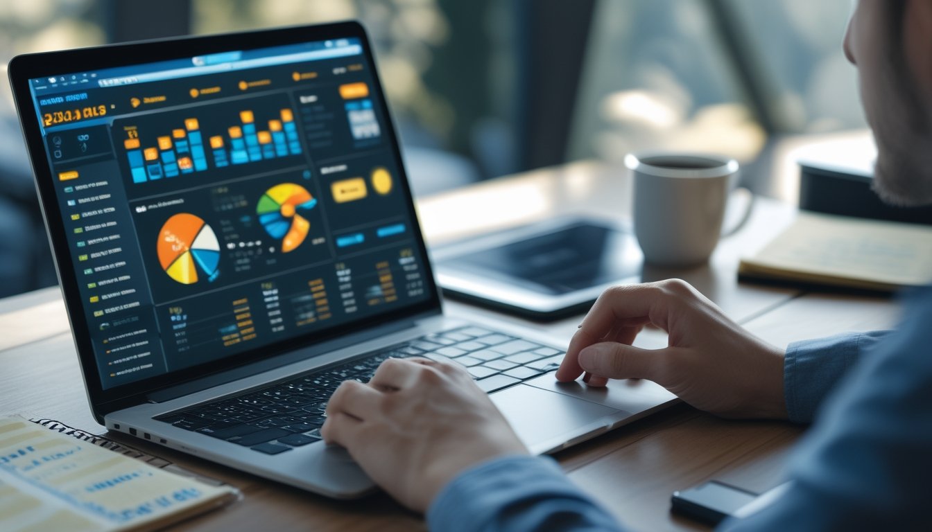 Seseorang sedang menganalisis data permainan togel dan slot online di meja kerja dengan laptop dan tablet.