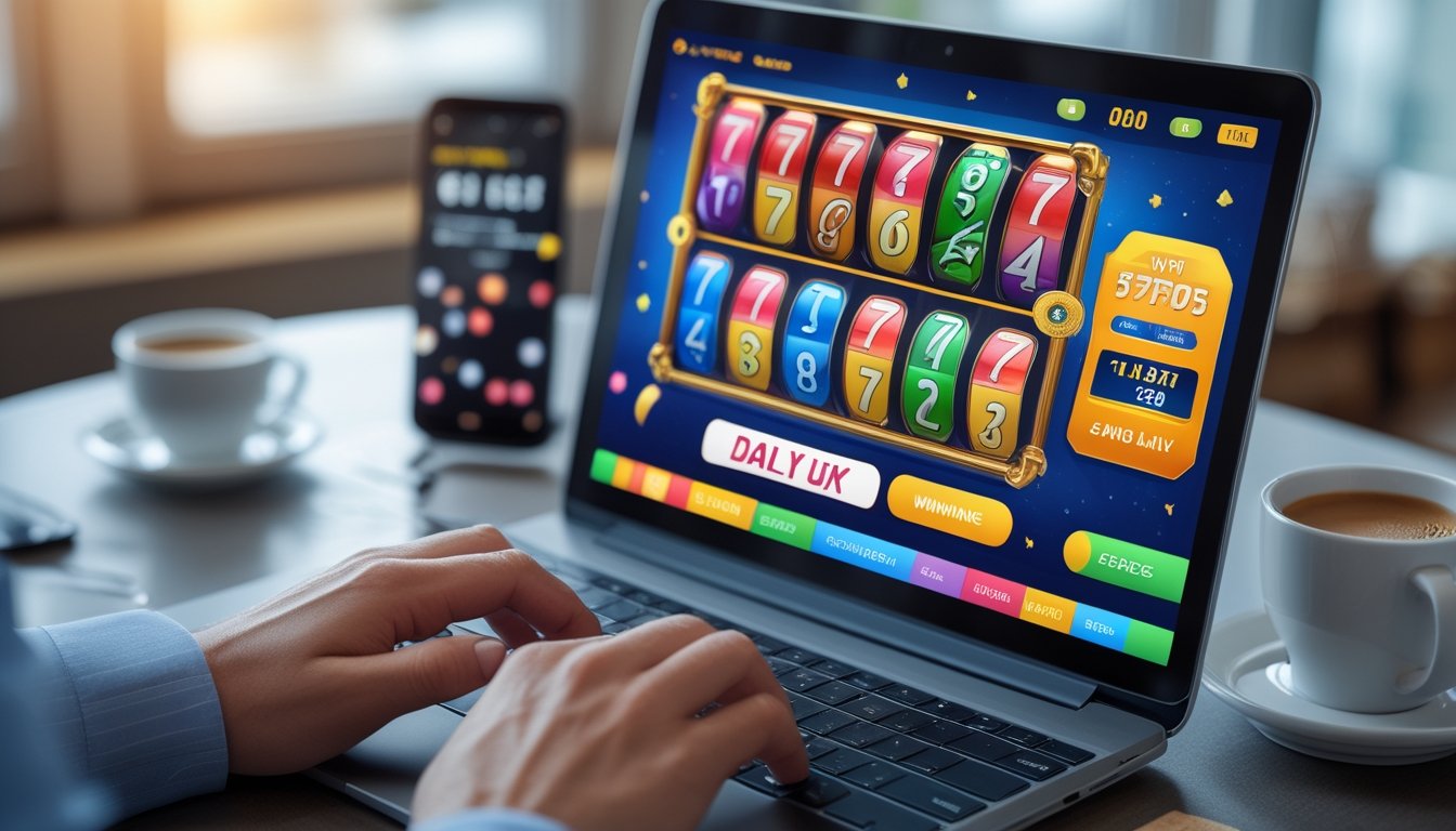 Seseorang menggunakan laptop di meja kerja dengan layar menampilkan grafik permainan togel dan slot online, di sekitar ada ponsel dan cangkir kopi.