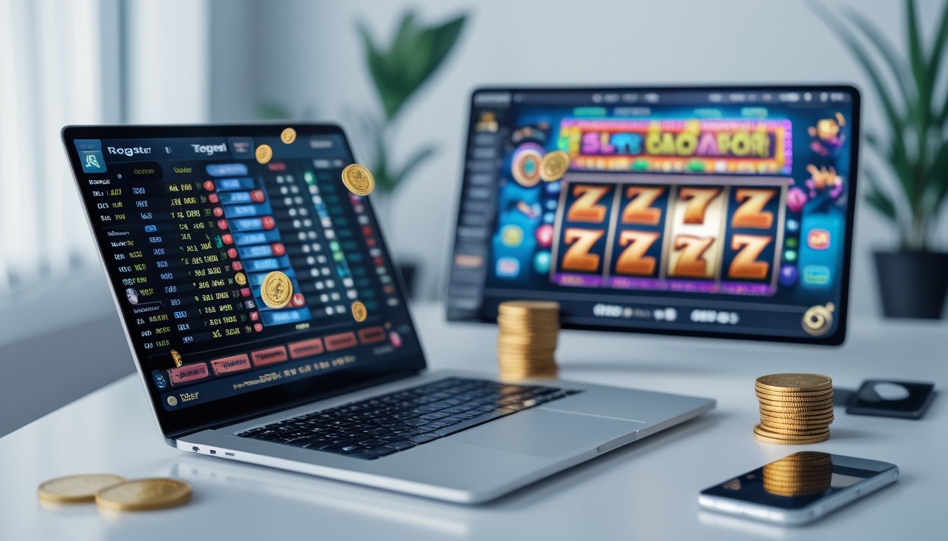 Suasana ruang kerja modern dengan laptop menampilkan angka togel dan layar mesin slot berwarna cerah yang sedang berputar.