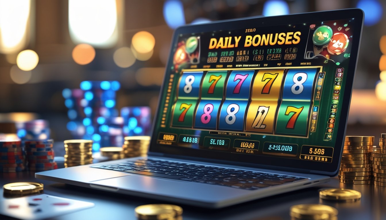 Seorang pria menggunakan laptop di meja kerja dengan tampilan permainan slot dan angka togel di layar, dikelilingi oleh chip poker dan koin emas.