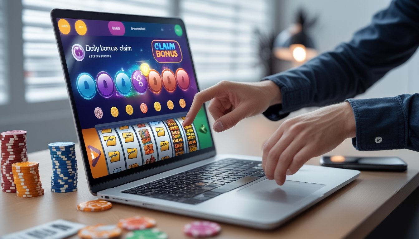 Seseorang menggunakan laptop dengan tampilan permainan togel dan slot online di layar, di meja terdapat chip poker dan tiket lotere.